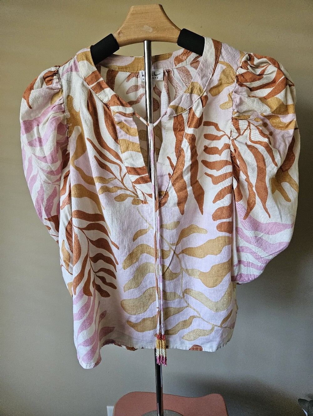 Nicole Miller New York Palm Leaf Boho Peasant Blouse Puff Sleeve - Size S